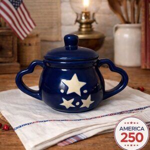 Hermitage Pottery Sugar Bowl Blue Star Americana Stoneware Farmhouse America 250